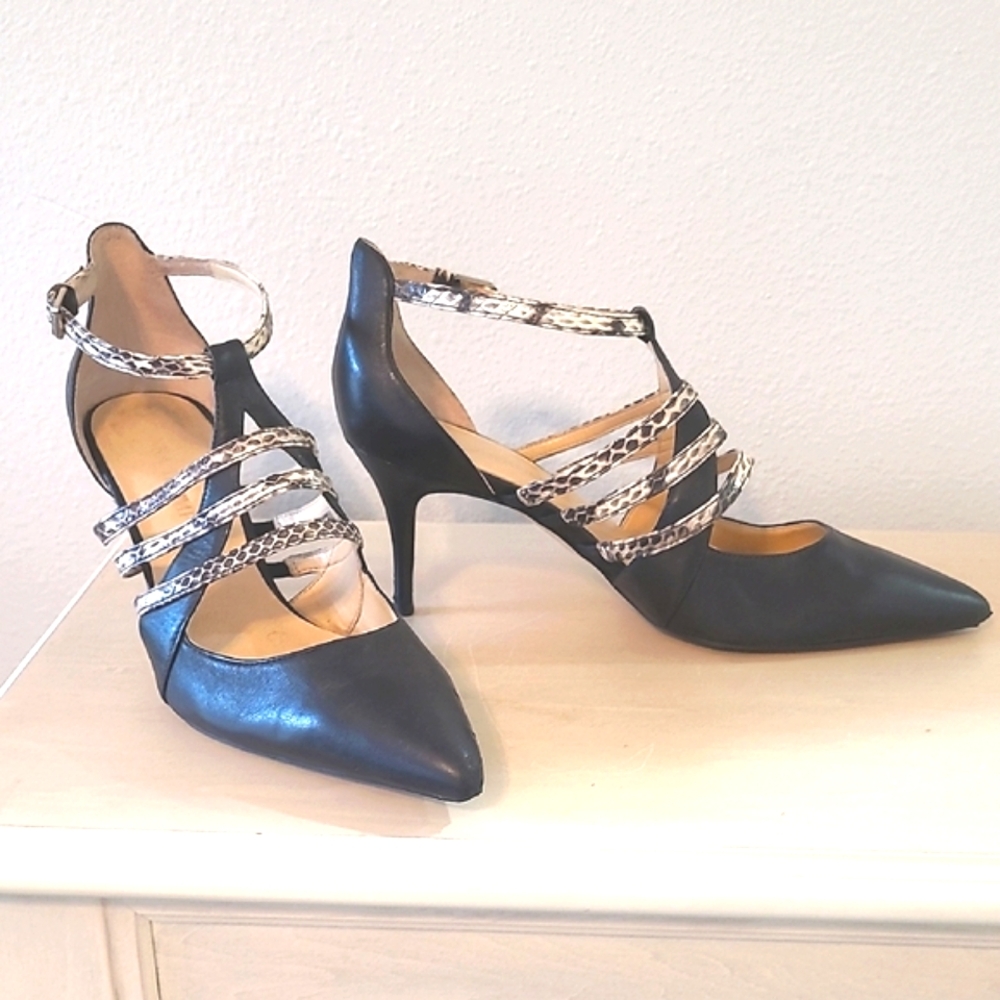 Ivanka Trump Tellas Strappy Black & Snakeskin Low Heel Pointed Toe Size 7M